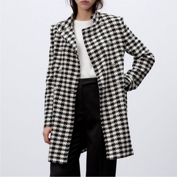 BLOGGERS Fav Zara houndstooth jacket coat black white silver buttons - Picture 3 of 17